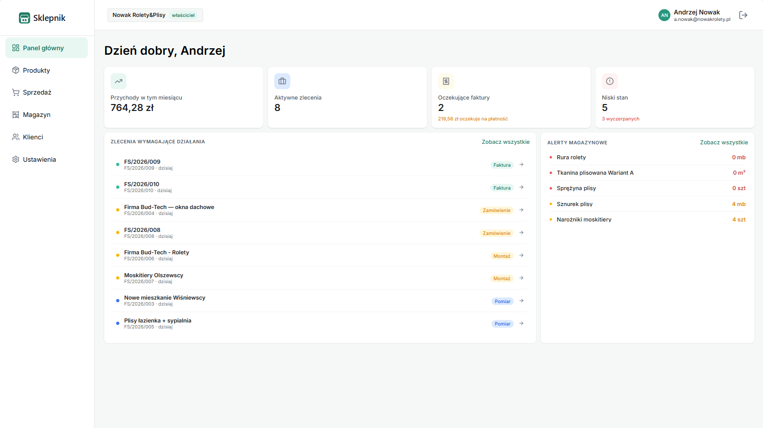 Panel główny Sklepnika
